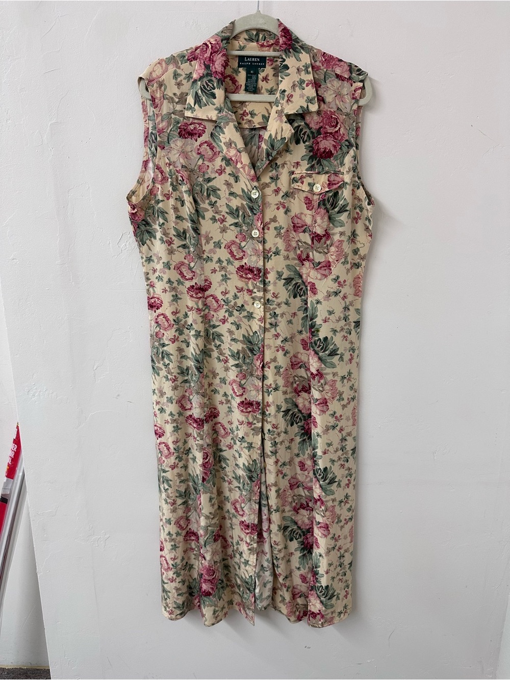 Ralph Lauren Beige Maxi Shirt Dress with Pink Floral Print
